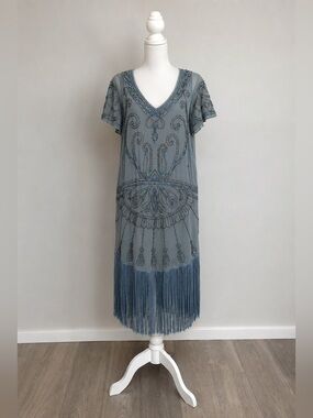 Free People Beaded Fringe Flapper Boho Midi Dress Blue Gray Womens Large